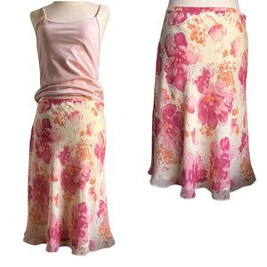 Pink Preppy Floral Date Y2K Silk Midi Skirt Ann Taylor Size 8P
